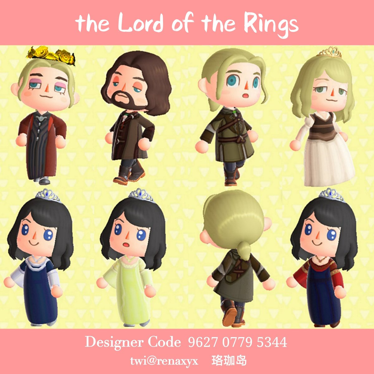 Renaxyx's tweet photo. #どうぶつの森 #マイデザイン #AnimalCrossingDesigns #AnimalCrossingNewHorizon #acnhqrcode #ACNHdesign #acnh #TheHobbit #マイデザイン配布
#thelordoftherings  #HarryPotter #Merlin  My recent designs. This Twitter will be updated once I finish the other lotr characters. https://t.co/vxLv2xc3FF