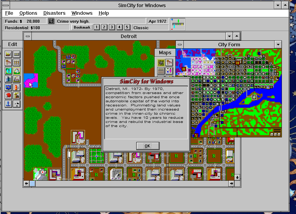 9756745645s's tweet photo. In the original SimCity, it's possible to win the high crime scenario by blowing the city up. The only metric that matters is "total number of crimes", and that number is gonna go down if nobody's around to commit a crime. https://t.co/oY9URhkBhB