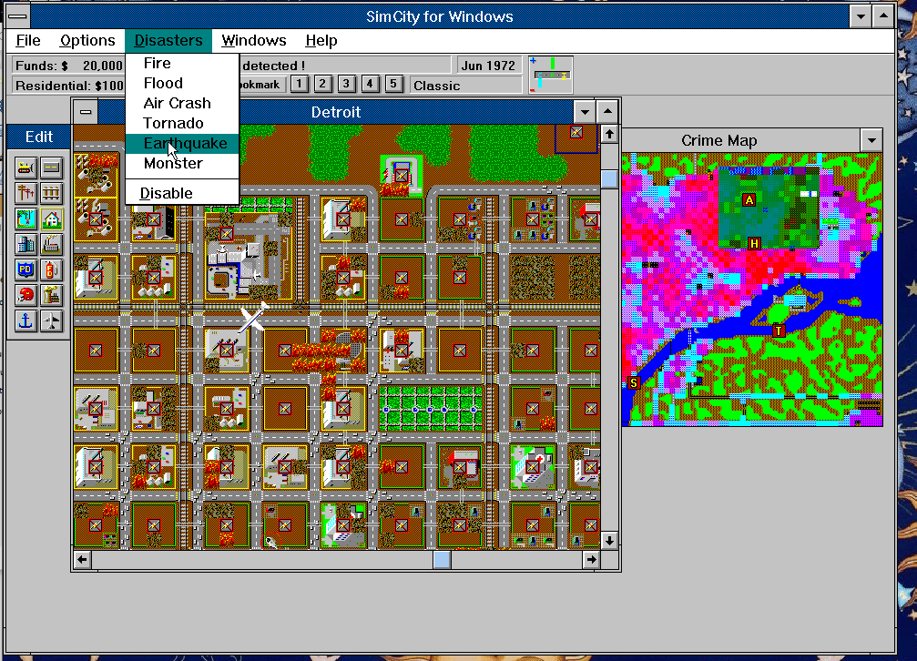 9756745645s's tweet photo. In the original SimCity, it's possible to win the high crime scenario by blowing the city up. The only metric that matters is "total number of crimes", and that number is gonna go down if nobody's around to commit a crime. https://t.co/oY9URhkBhB