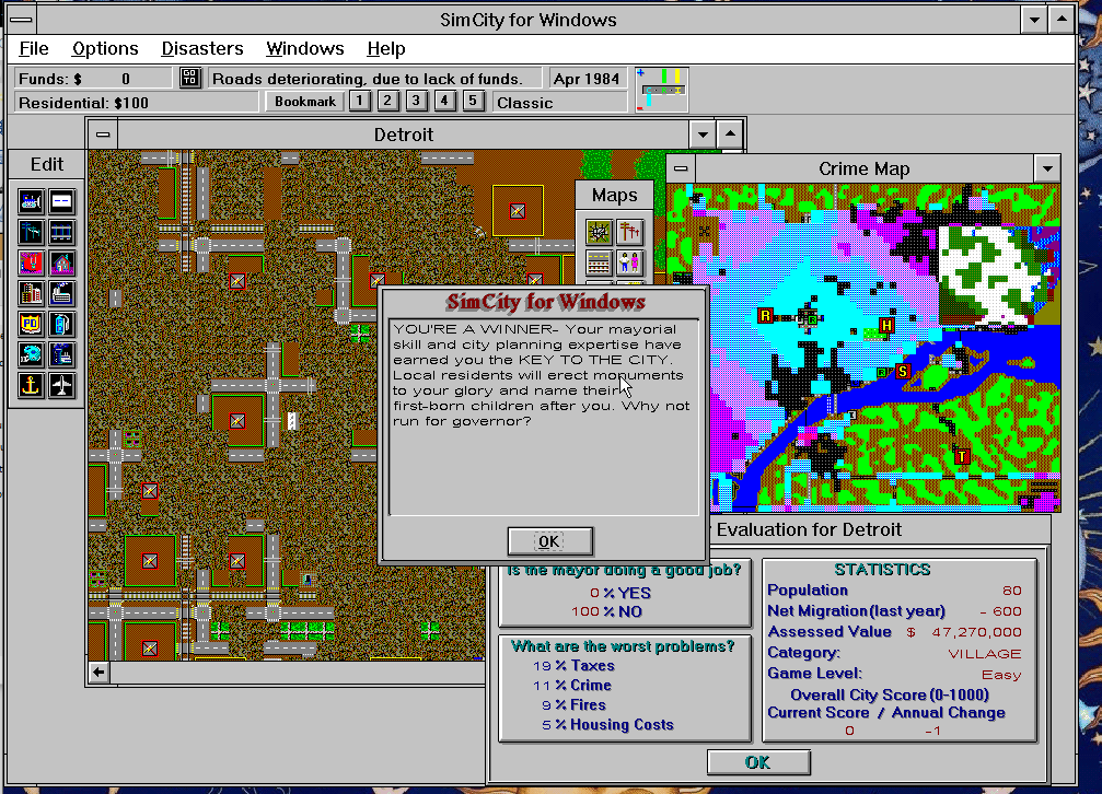 9756745645s's tweet photo. In the original SimCity, it's possible to win the high crime scenario by blowing the city up. The only metric that matters is "total number of crimes", and that number is gonna go down if nobody's around to commit a crime. https://t.co/oY9URhkBhB