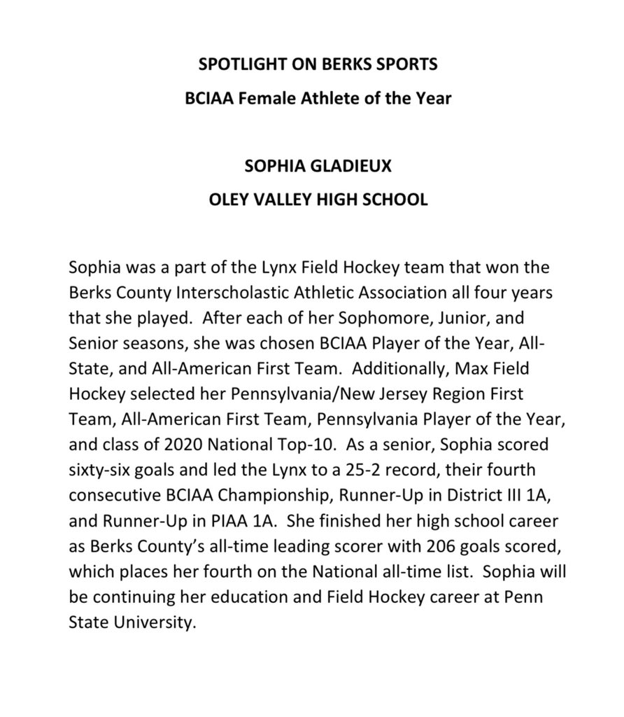 SpotlightBerks's tweet photo. SPOTLIGHT ON BERKS SPORTS is proud to announce the winner of the first ever
@BCIAASports
Female Athlete of the Year

Sophia Gladieux
@OVLynx 
@s_gladieux https://t.co/ureYHF3nJO