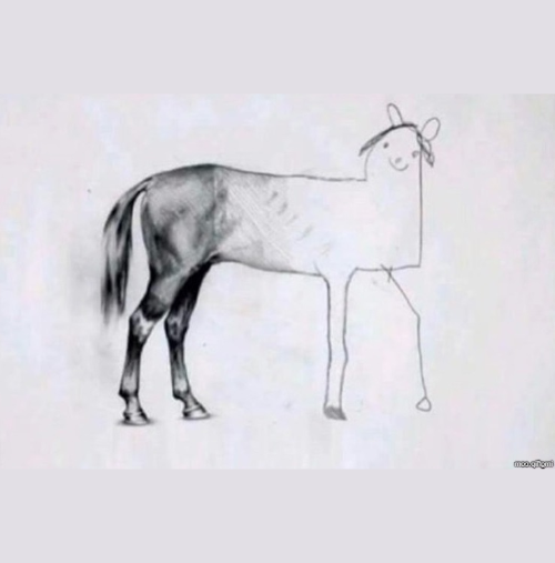 Half well-drawn horse; half poorly drawn horse.