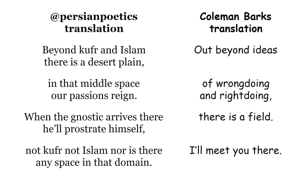 Compare my mostly literal translation with Coleman's 'translation.' My heart aches for those who only know Moulana Rumi via this orientalist garbage masquerading as a translation.