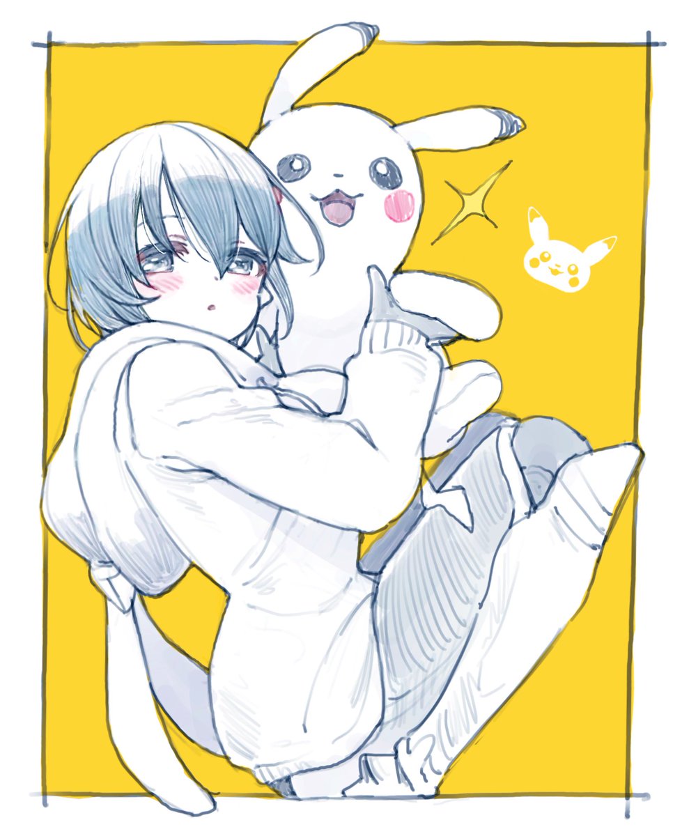 1girl hood hoodie yellow background blush pokemon (creature) short hair  illustration images