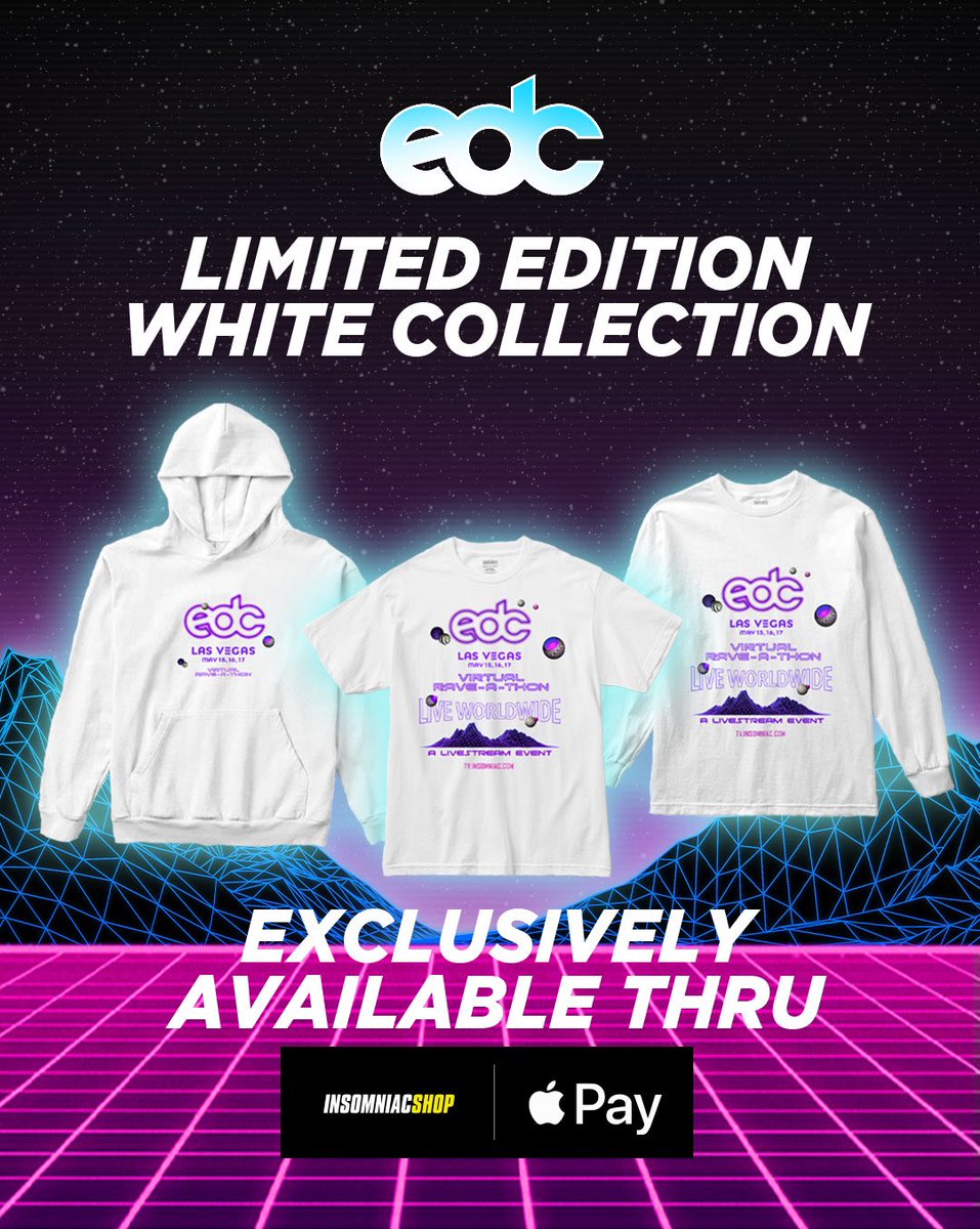 EDC_LasVegas's tweet photo. Missing YOU! โค๏ธ๐๐โจ Prep your rave gear with the NEW EDC Collection, grab your favorite pieces from the EDC #VirtualRaveAThon โWhite Collectionโ, exclusively with Apple Pay, or rock the newest #Disinfecto gear!
All available now at @Insomniac_Shop!โก๏ธ https://t.co/68p08schWW