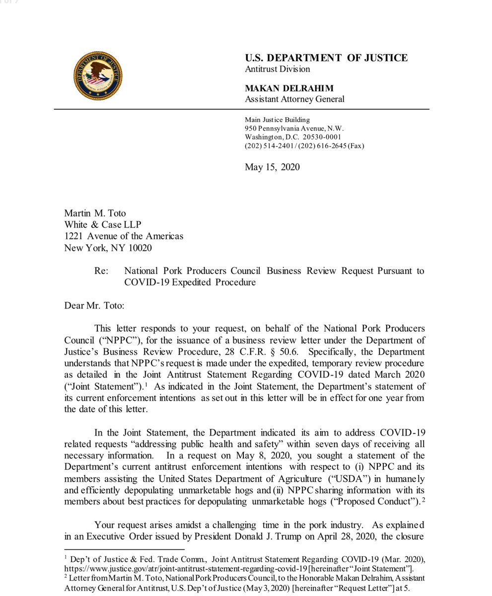 What. Porking. Anti-Trust. Fresh. Hell...is this?“indicated that it will not challenge conduct aimed at addressing COVID-19 if it is (i) “compelled by an agreement with a federal agency or a clearly define d federal government policy” and (ii) “supervised by a federal agency.”