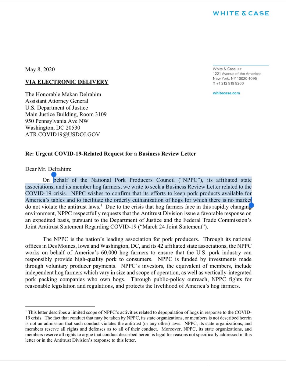 “behalf of the National Pork Producers Council..affiliated state associations..its member hog farmers, we write to seek a Business Review Letter related to the COVID-19 crisis. NPPC wishes to confirm that its efforts to keep pork products available for...” https://www.justice.gov/opa/press-release/file/1276966/download