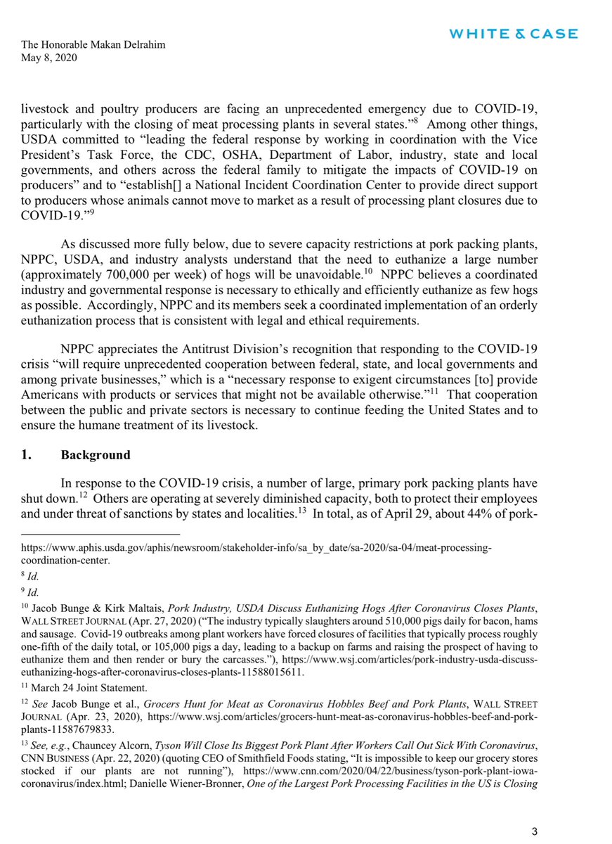 “behalf of the National Pork Producers Council..affiliated state associations..its member hog farmers, we write to seek a Business Review Letter related to the COVID-19 crisis. NPPC wishes to confirm that its efforts to keep pork products available for...” https://www.justice.gov/opa/press-release/file/1276966/download