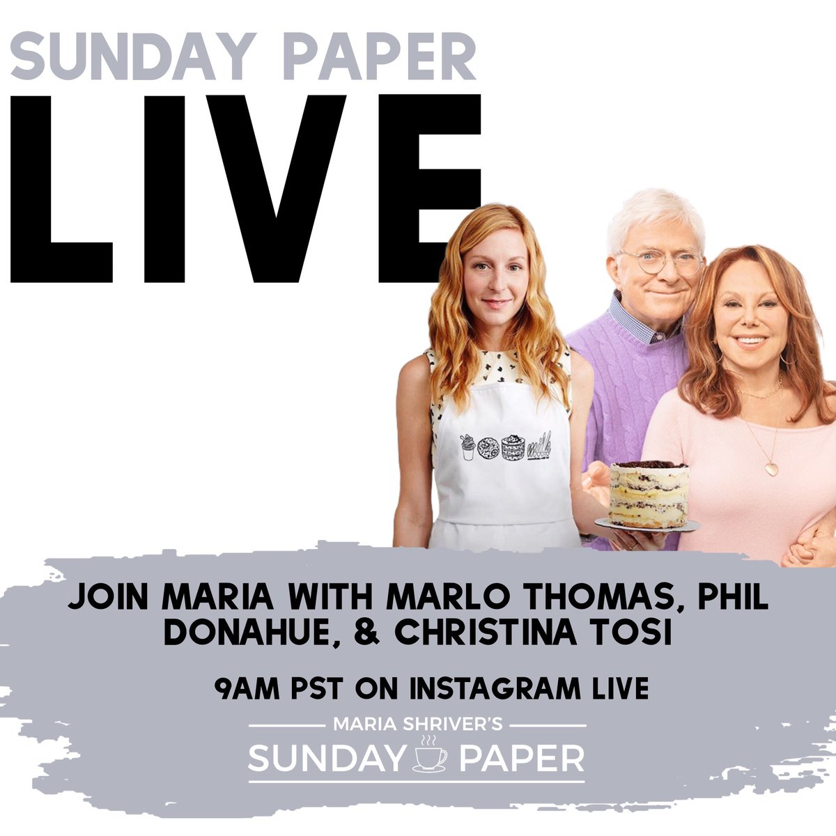 mariashriver's tweet photo. Join me as we bring #thesundaypaper to life for #SundayPaperLive tomorrow morning at 9am PST! This week, @MarloThomas &amp; Phil Donahue will be chatting with me about their new book, “What Makes a Marriage Last.” https://t.co/LCfobQzQyG