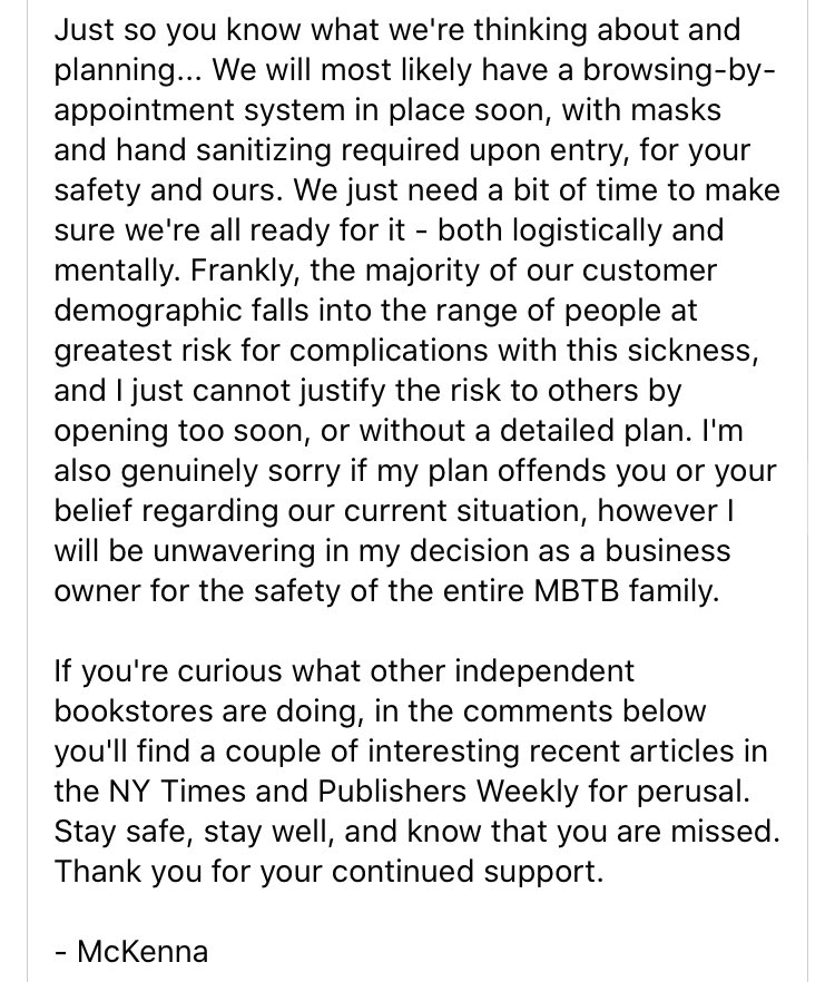 murderbooks's tweet photo. An update from McKenna about reopening the store beyond curbside pickup (the links she mentions will be in the next tweet): #ReadHouston https://t.co/v69a6XCXWb