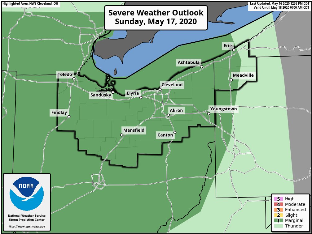 NWSCLE's tweet photo. Strong to severe thunderstorms are possible Sunday afternoon/evening. Damaging winds will be the primary threat. Showers and thunderstorms continue Sunday night through most of Monday. Periods of heavy rainfall during this time period could result in localized flooding. https://t.co/WUreoBUmWW