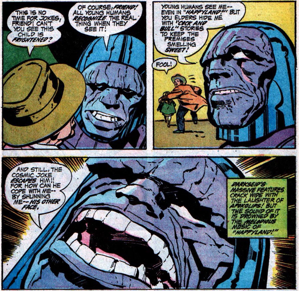 Its easy to write Darkseid as a standard “punch it until it goes away” evil, a humorless detached evil, a petty vindictive evil, a banal or “force of nature’’ evil, or any other generic evil, but kirby’s Darkseid was explicitly a human evil who existed as such without pretension.