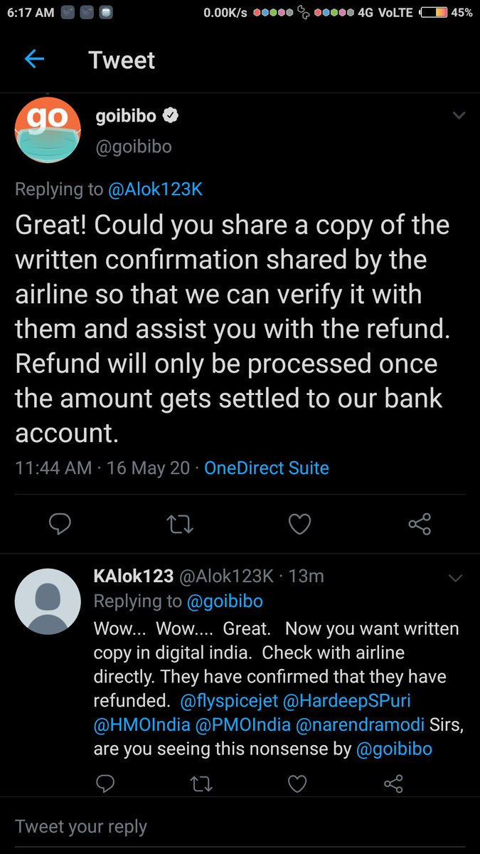 Alok123K's tweet photo. @flyspicejet @goibibo is asking for written copy of of confirmation. Apparently they dont see your replies. Is this some kind of scam where you two have collaborated to leech customers money? My PNR is W51MPR @HardeepSPuri Sir,  do you see this nonsense. https://t.co/vr5f6CYWXE