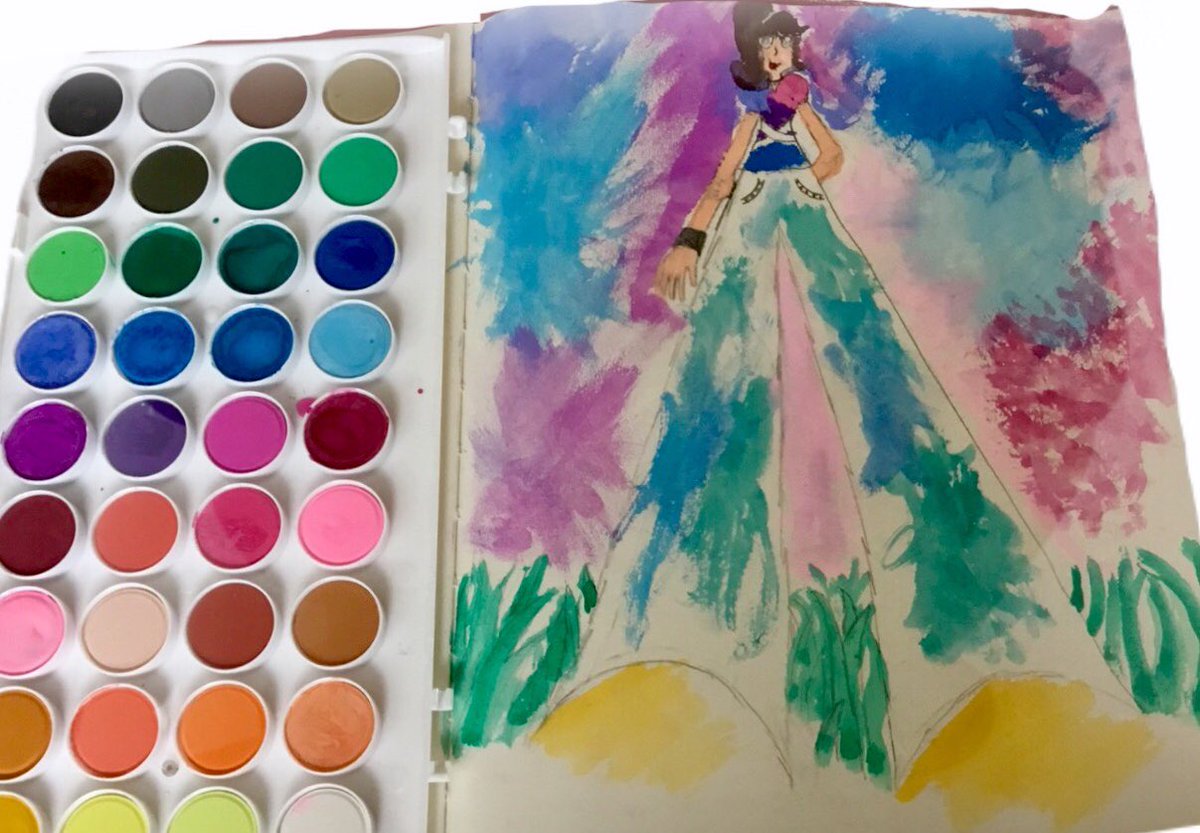 Trying out new paints and a new point of view! Grades 4/5 learned how to use one point perspective to create towering figures from an worm’s eye view.