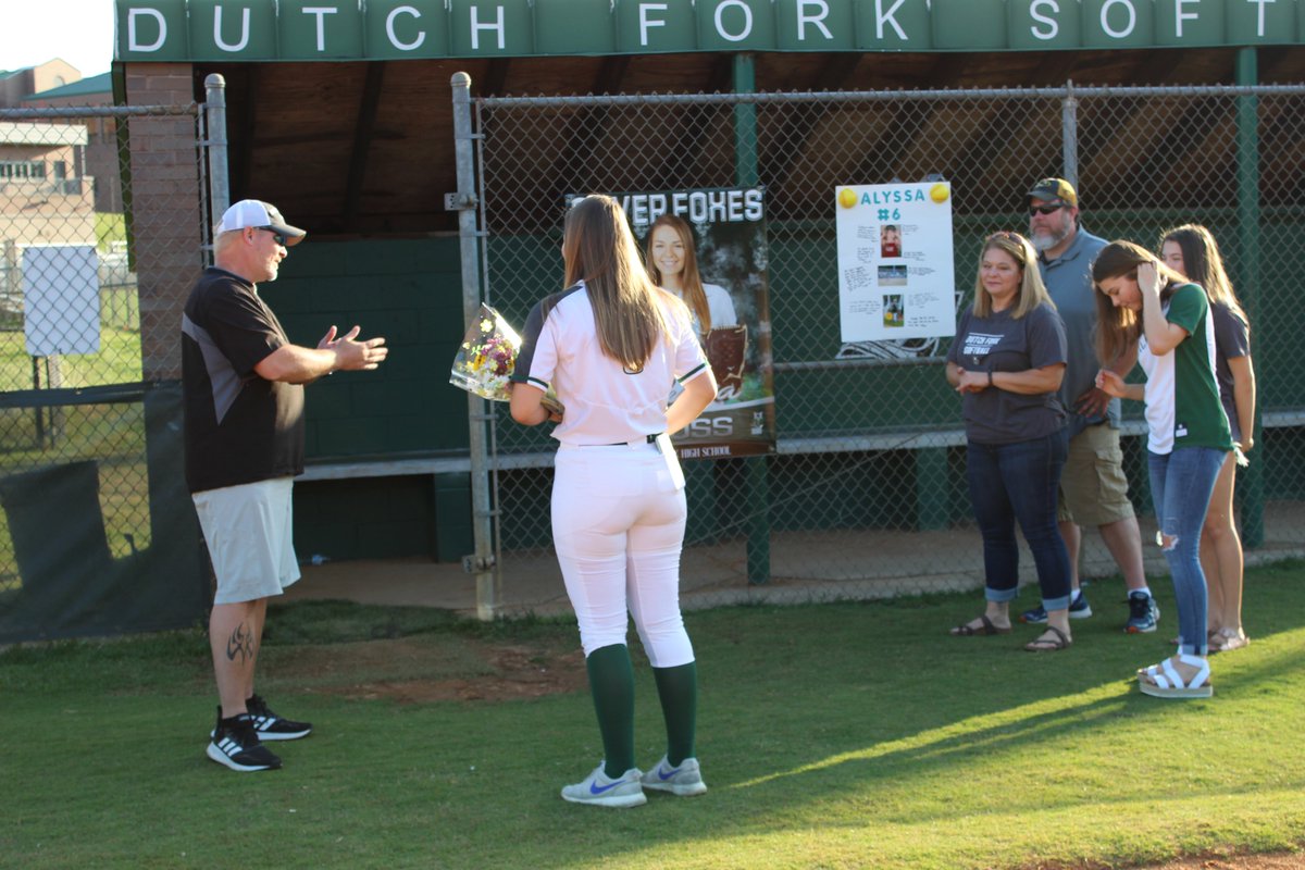 DFsoftball's tweet photo. Concluding our senior nights is Alyssa Bruss, #6. Dutch Fork Softball is so proud of you and will hold a special place in our hearts for our 2020 seniors! #dfsoftball #pridein5 #df2020 #dfgrad #silverfox @dutchforkhigh https://t.co/8A1eEDwWaY