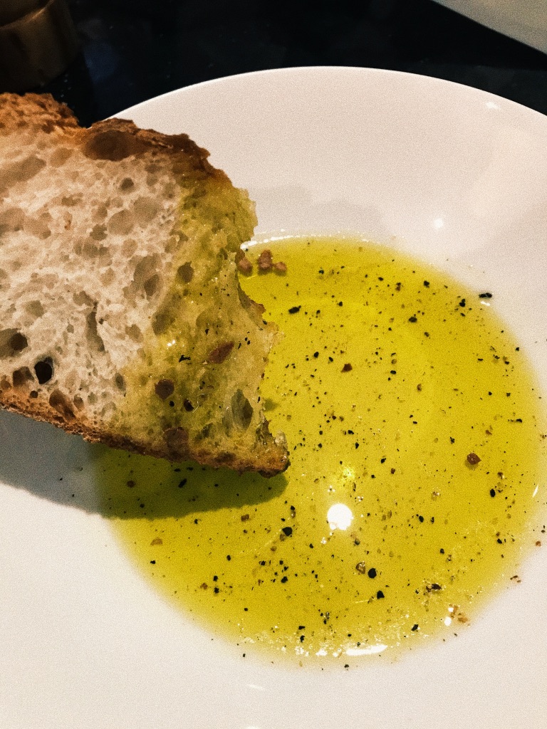 A sinple one. Sourdough dipped in Extra Virgin Olive Oil, sea salt and pepper. A great entree to a meal. D