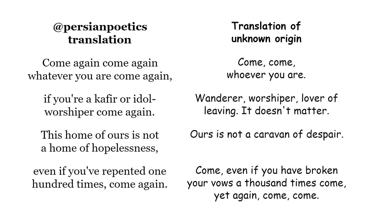Take this second poem. All of the Islam is removed to the point where the poem is almost meaningless. 'Home' (dargah) in Persian is unnecessarily translated as 'caravan'. This divergence from the original exposes the orientalist mindset of these 'translators.'