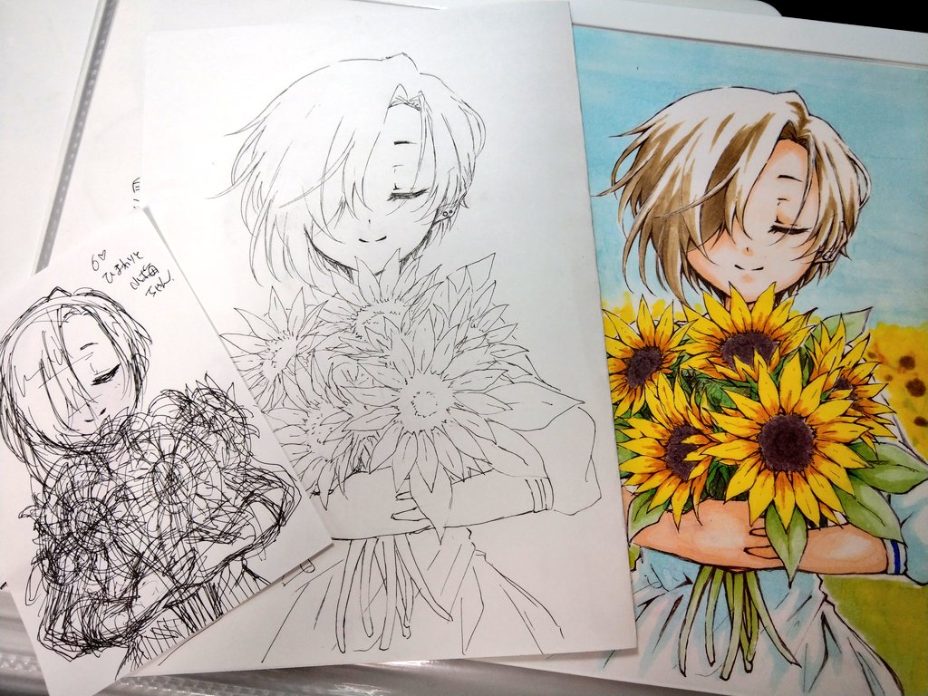 ラフ→線画→コピーして清書・着色 