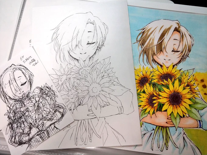 ラフ→線画→コピーして清書・着色 