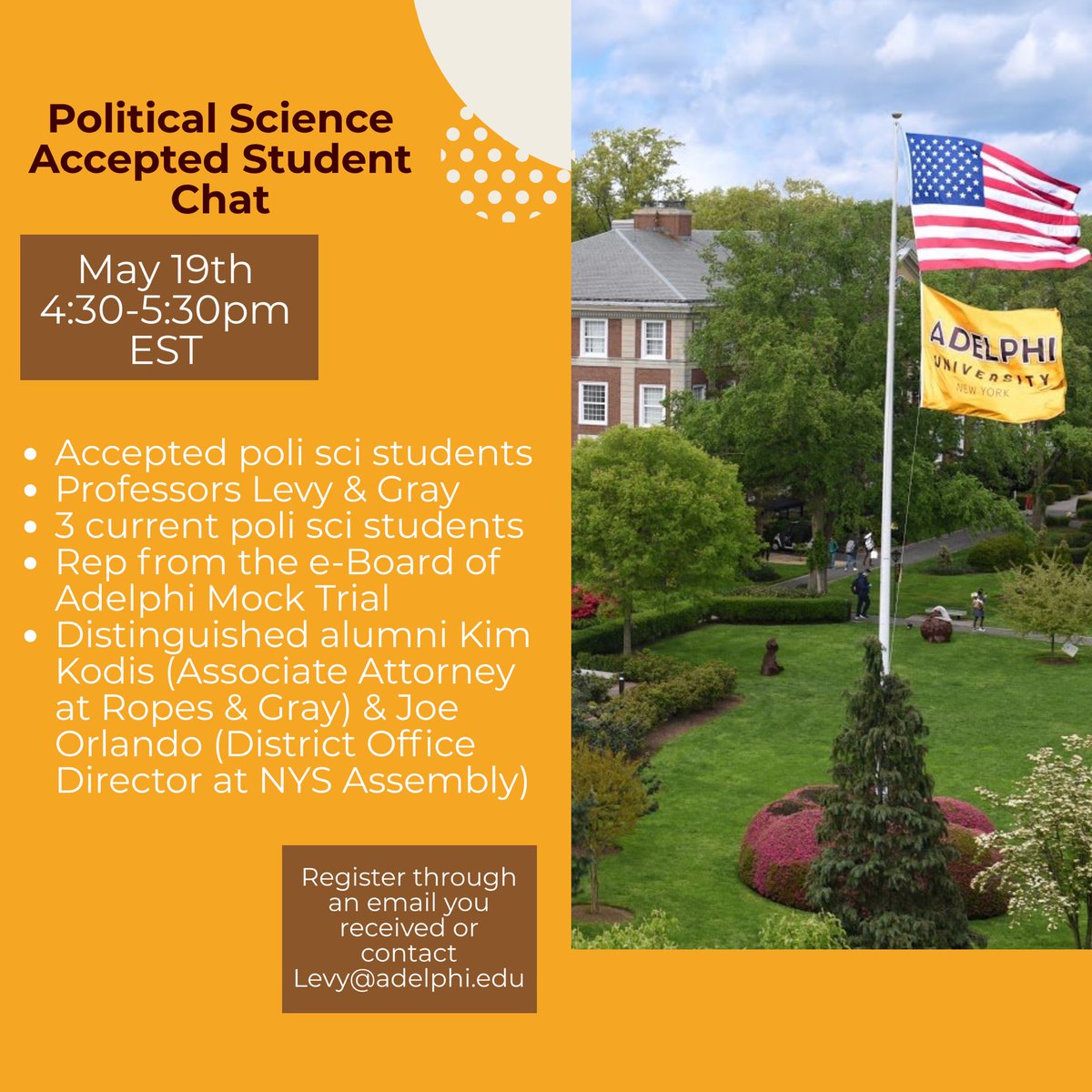 TraciMLevy's tweet image. Virtual chat on 5/19 at 4:30pm EST with #AdelphiAccepted poli sci students, current students, faculty, and alumni! Can’t wait to make those connections! #AdelphiPoliSci @AdelphiU @adelphistories