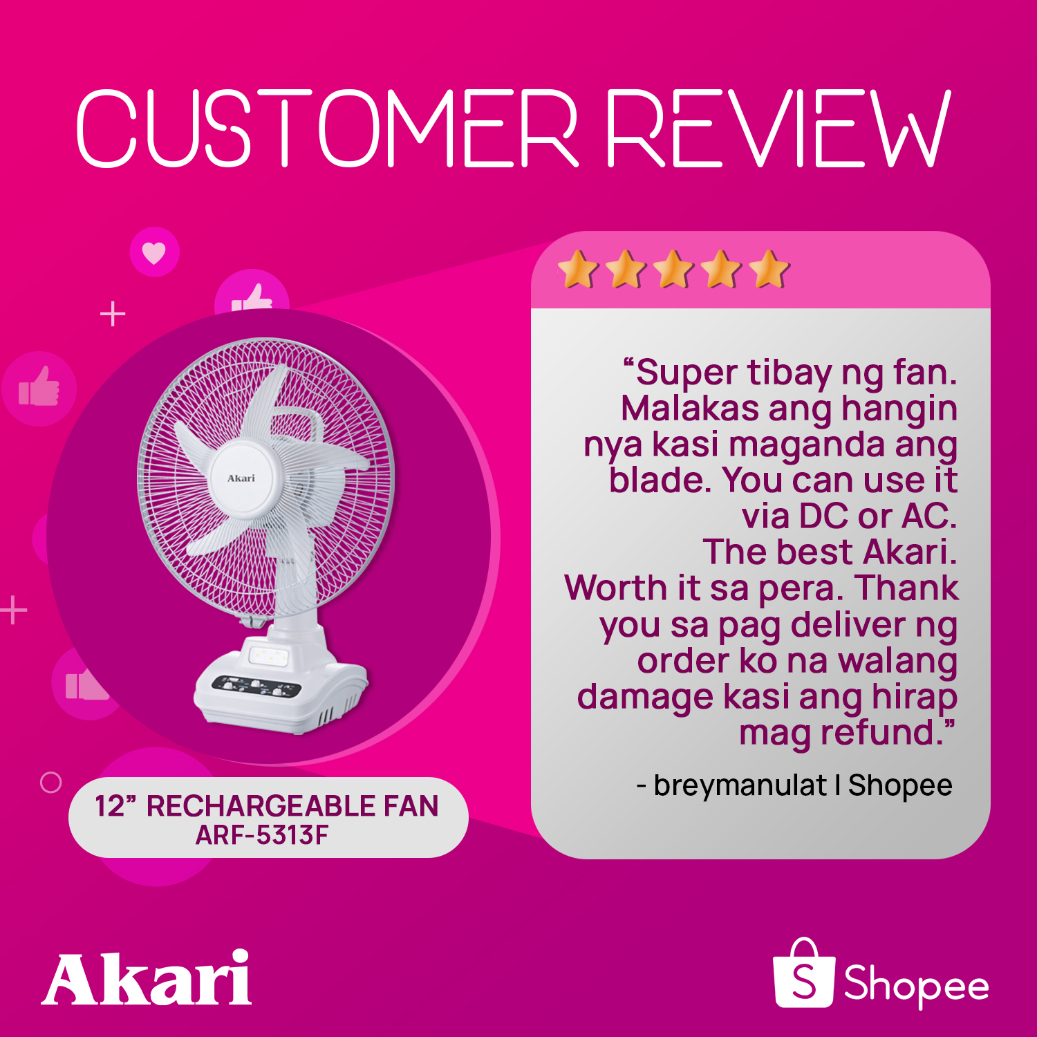 akari 12 inch rechargeable fan