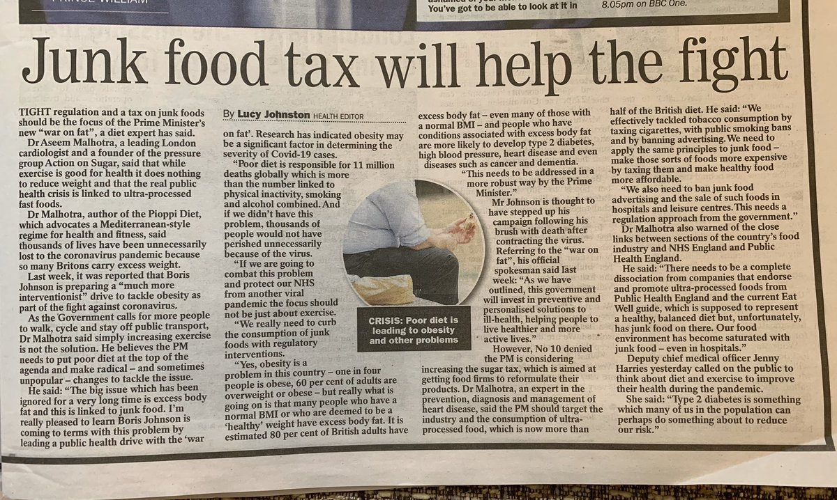 BREAKING NEWS:

Taxing ultra-processed food (NOT meat or fat) will help fight against #obesity &amp; conditions associated with excess body fat, <a href="/BorisJohnson/">Boris Johnson</a> told

‘We also need to ban junk food advertising &amp; the sale of such foods in hospitals &amp; leisure centres’ #NHS #COVIDー19