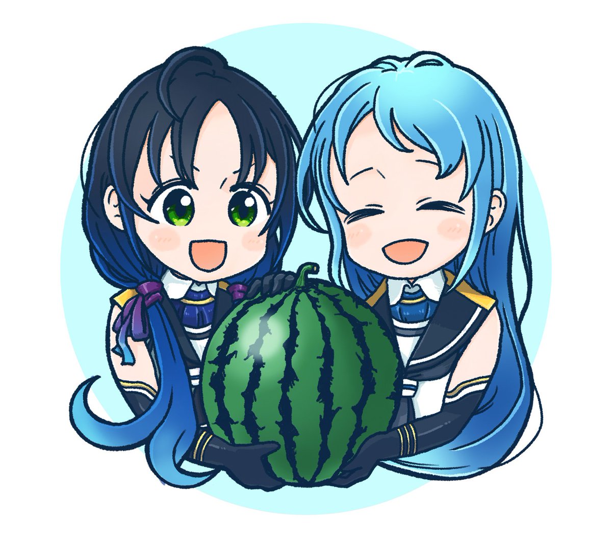 samidare (kancolle) ,suzukaze (kancolle) multiple girls 2girls blue hair food fruit long hair watermelon  illustration images