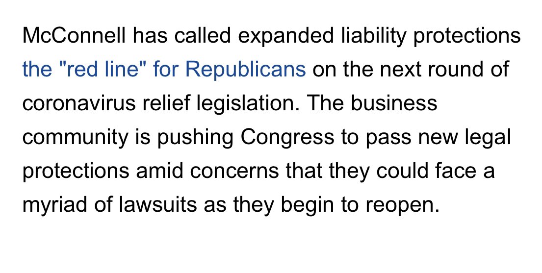 McConnell calls it a “red line” that businesses won’t face liability as they reopen. 6/ https://www.google.com/amp/s/thehill.com/homenews/senate/497316-mcconnell-cornyn-working-on-bill-to-expand-liability-protections%3famp