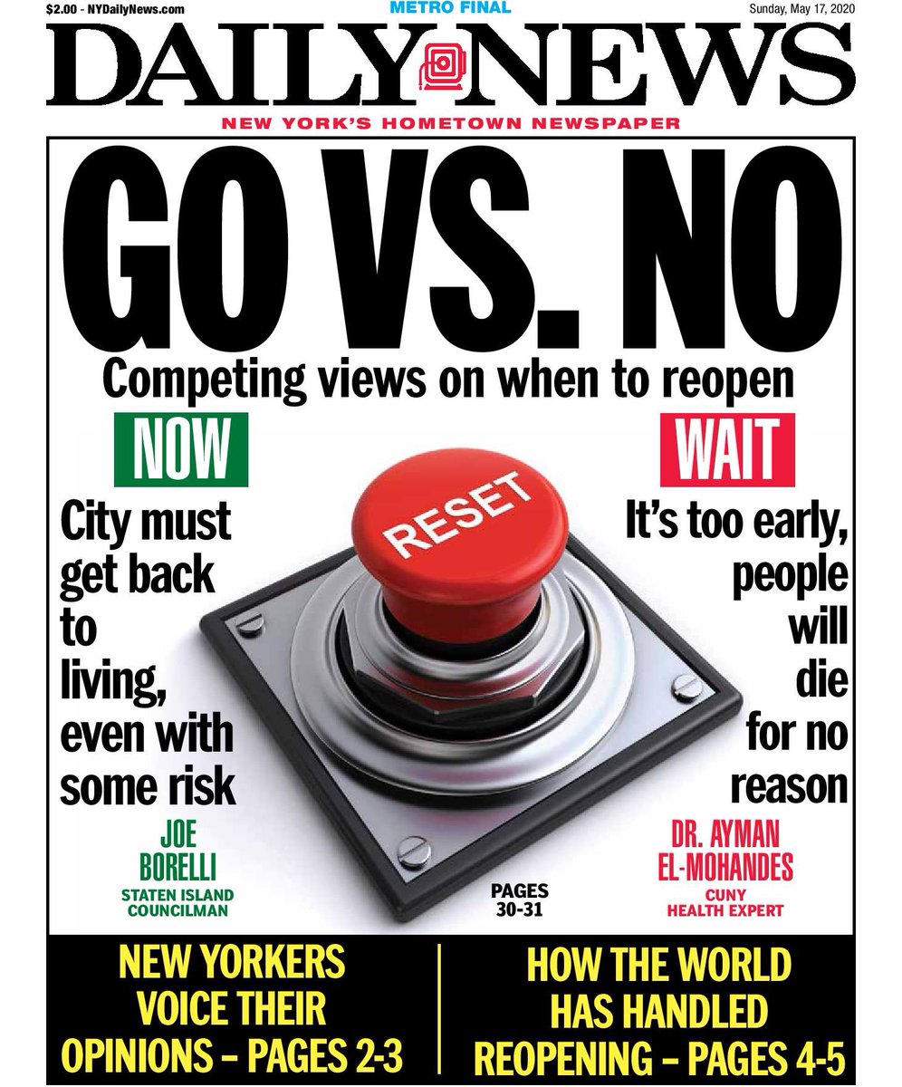 Sunday’s front page. We must begin to reopen #NYC. It’s too easy for politicians, including myself, still collecting a paycheck, to be dismissive of families who are suffering financially. Cuomo and de Blasio must act. Here is my take: nydailynews.com/opinion/ny-ope…
