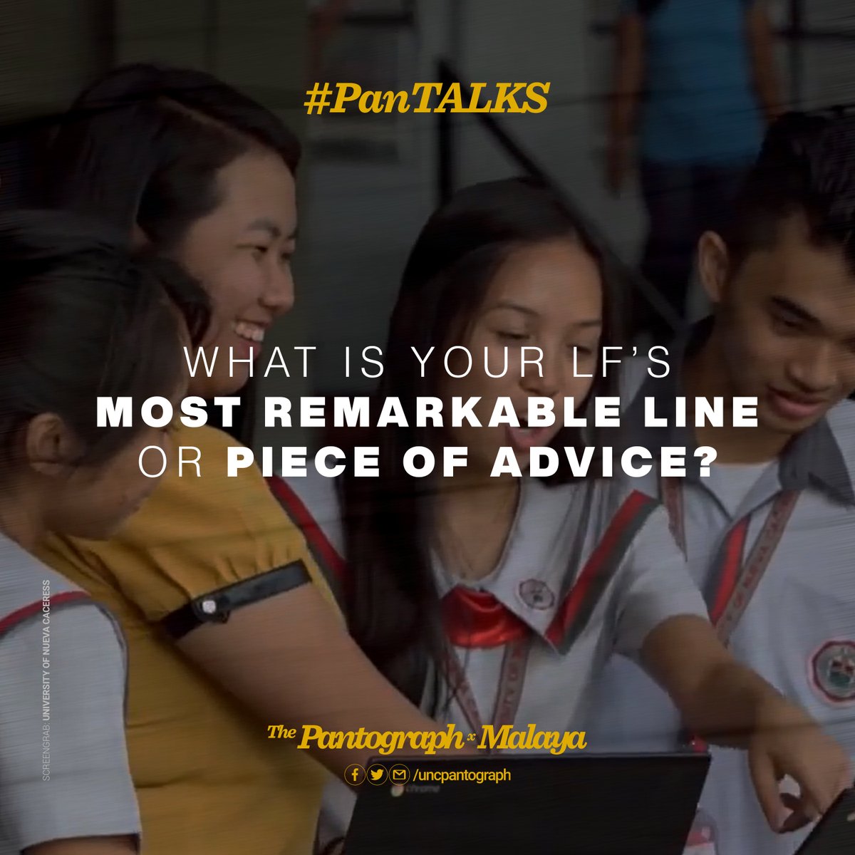 UNCpantograph's tweet photo. #PanTALKS: Everyone has their own iconic lines that you can associate them with, and our LFs are no exception. Throughout the school year, they probably said something that you cannot forget.
What are your LFs' most remarkable lines or pieces of advice?
Share it with us! 😃 https://t.co/YLDcAXkqHQ