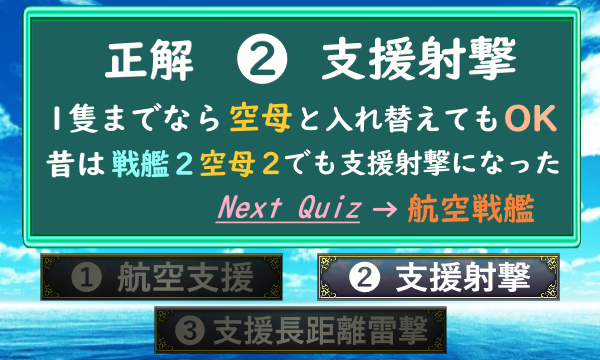 コーニャ 第39回 艦これクイズ 第2問 2問目は航空戦艦4 駆逐2 支援ルールだと航戦は基本的には戦艦なんですが 正確には戦艦枠ではないです なので組み合わせ次第では 違うタイプの支援になってしまうことも 支援艦隊に組み込む場合は注意です