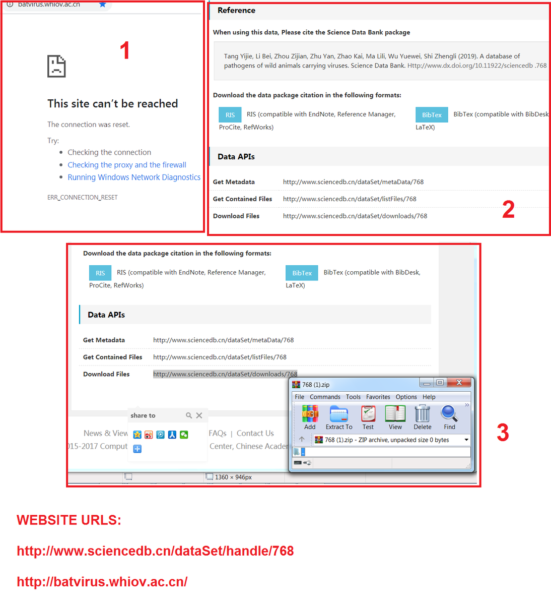 13/xI just find it incredibly bizarre behaviour, how about you?By the way, some other Chinese viral databases have suddenly "gone off line" lately apart from WIV's one:  http://batvirus.whiov.ac.cn  for example, we cannot access:  http://viruses.nsdc.cn/chinavpi/vri.jspOnly 1 left now is DBatVir!