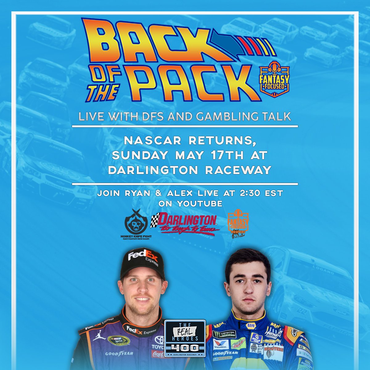 fantasy_focused's tweet photo. Live racing returns tomorrow at #Darlington π₯π₯ Join the @backotpack crew LIVE for an hour before race time to discuss #NASCAR #DFS picks for @mkf and more π»π»πππ°π° See you at 2:30 EST on #YouTube, Facebook and #Twitch π€π» #fantasyfocused https://t.co/W3pvG96iRr