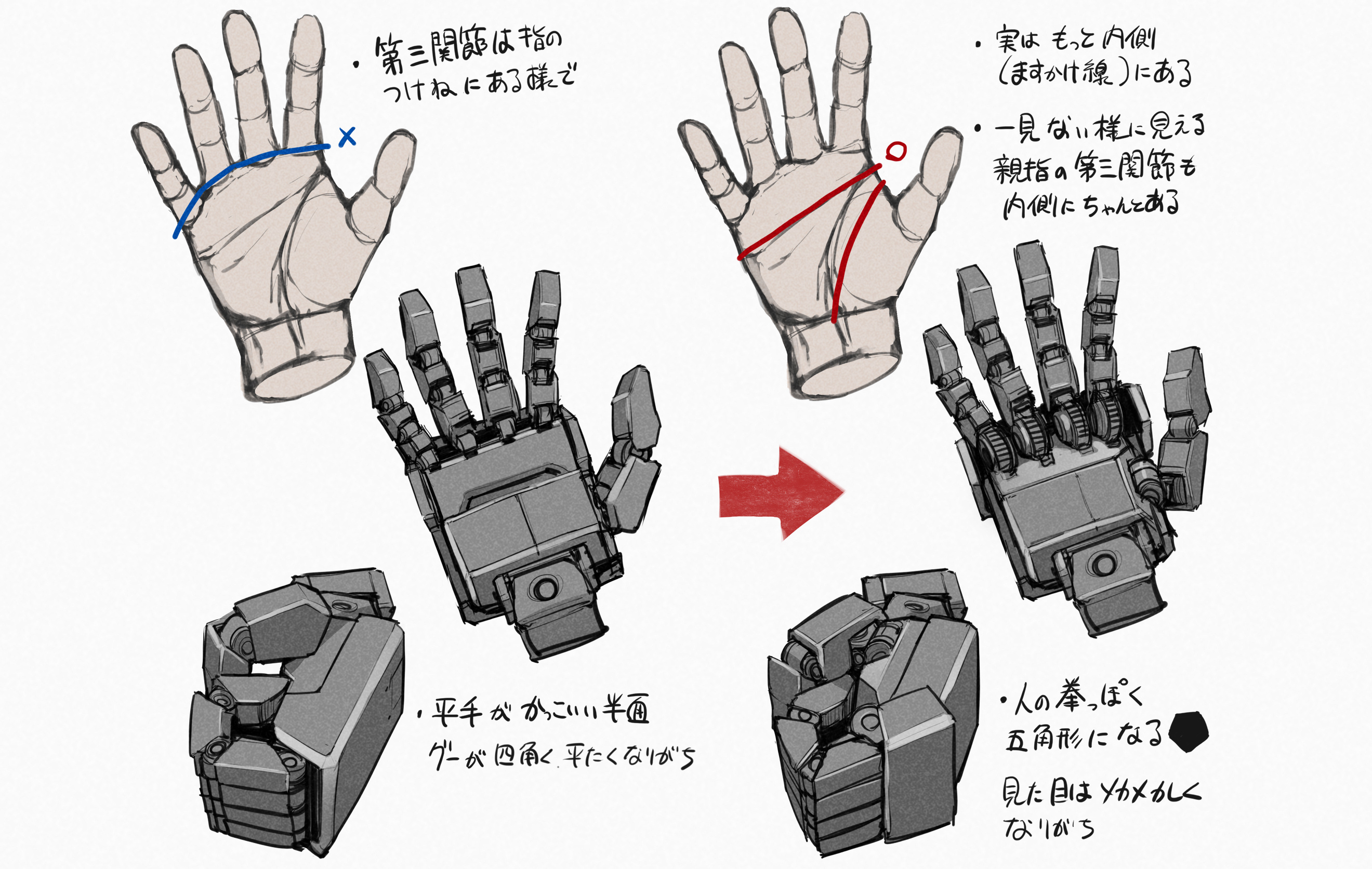 貞松龍壱 ロボットの拳 変になる問題 大抵の原因はたぶん第三関節の位置 どうしても指の付け根のシワをを第三関節だと思っちゃうけど実際はますかけ線で曲がる 親指にも手首の所に第三関節がある それに合わせて関節位置を変更してあげると自然な