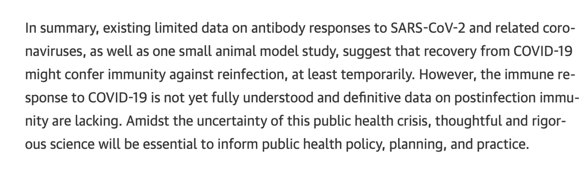 A very responsible commentary in <a href="/JAMA_current/">JAMA</a> underscores the uncertainty that remains surrounding immunity to SARS-CoV-2, the virus that causes #COVID19 illness. We don't know. jamanetwork.com/journals/jama/…
