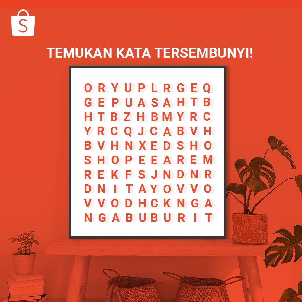 ShopeeID's tweet photo. Yuhuu Sobat Shopee! 😁 Siang-siang gini daripada bosen, mending ikutan cari kata tersembunyi di gambar ini! Yang udah ketemu, langsung reply aja ya dan tunggu kejutan dari Shopee! 🥳

#ShopeeID #ShopeeDariRumah https://t.co/l9rIcoUeNs