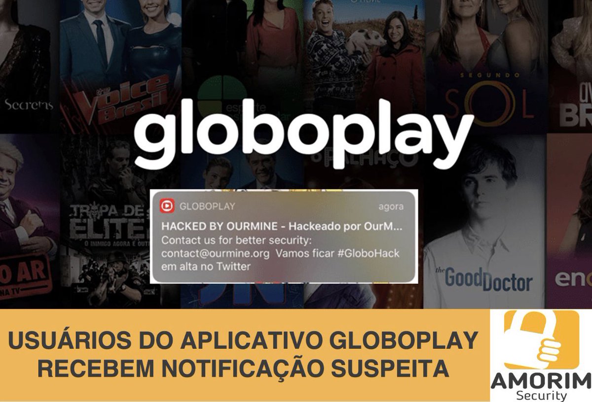 johamorim's tweet photo. App do #GloboPlay envia notificações hacker assinada pelo grupo OurMine saiba mais em https://t.co/UFdisgnawA ou no nosso Instagram @amorimsecuritybrasil #globohack @defesa_digital #hack #globo #hacking #OurMine #Hacked https://t.co/hMPKbDSdgP