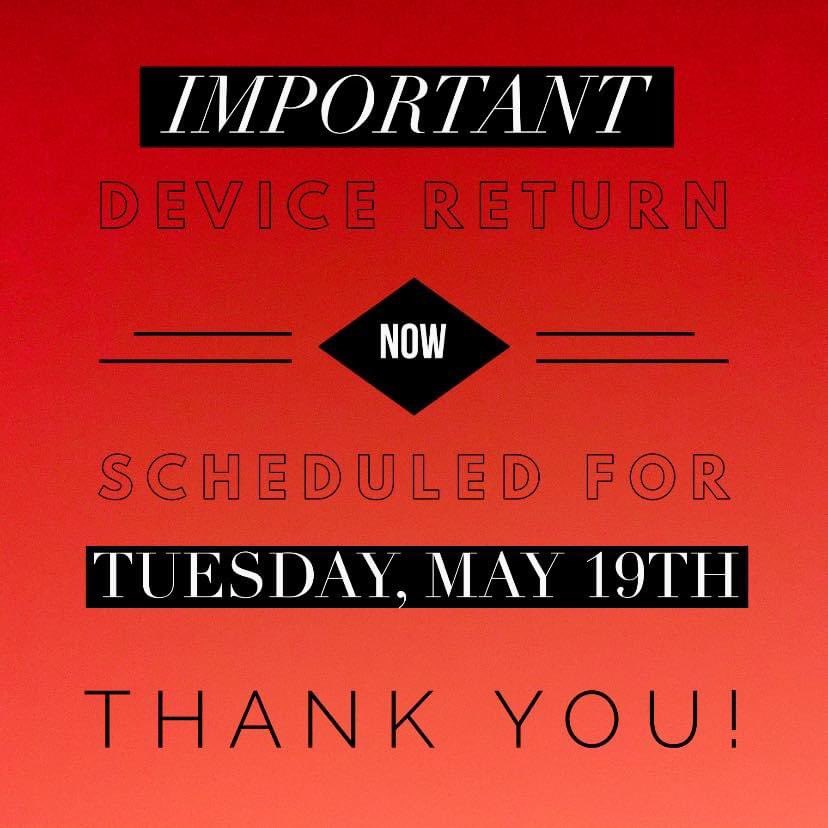 school_snow's tweet photo. IMPORTANT UPDATE:
Due to inclement weather DEVICE RETURN will now be on TUESDAY, MAY 19th! 

We look forward to seeing you and to have one fun, final farewell before summer! Please review the Device Return Plan for details which was emailed. ❤️ Go Colts! 

#SnowHorseElementary https://t.co/WxLlXwdBoH