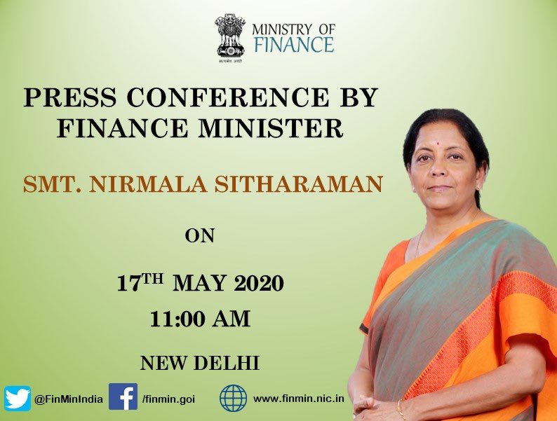 PooniaAkshey's tweet photo. 5th and last Press Conference to be addressed by #FinanceMinister announcing #EconomicReliefPackage, a roadmap towards #AatmaNirbharBharat at 11AM on 17-05-2020 https://t.co/SCpP59WlLG