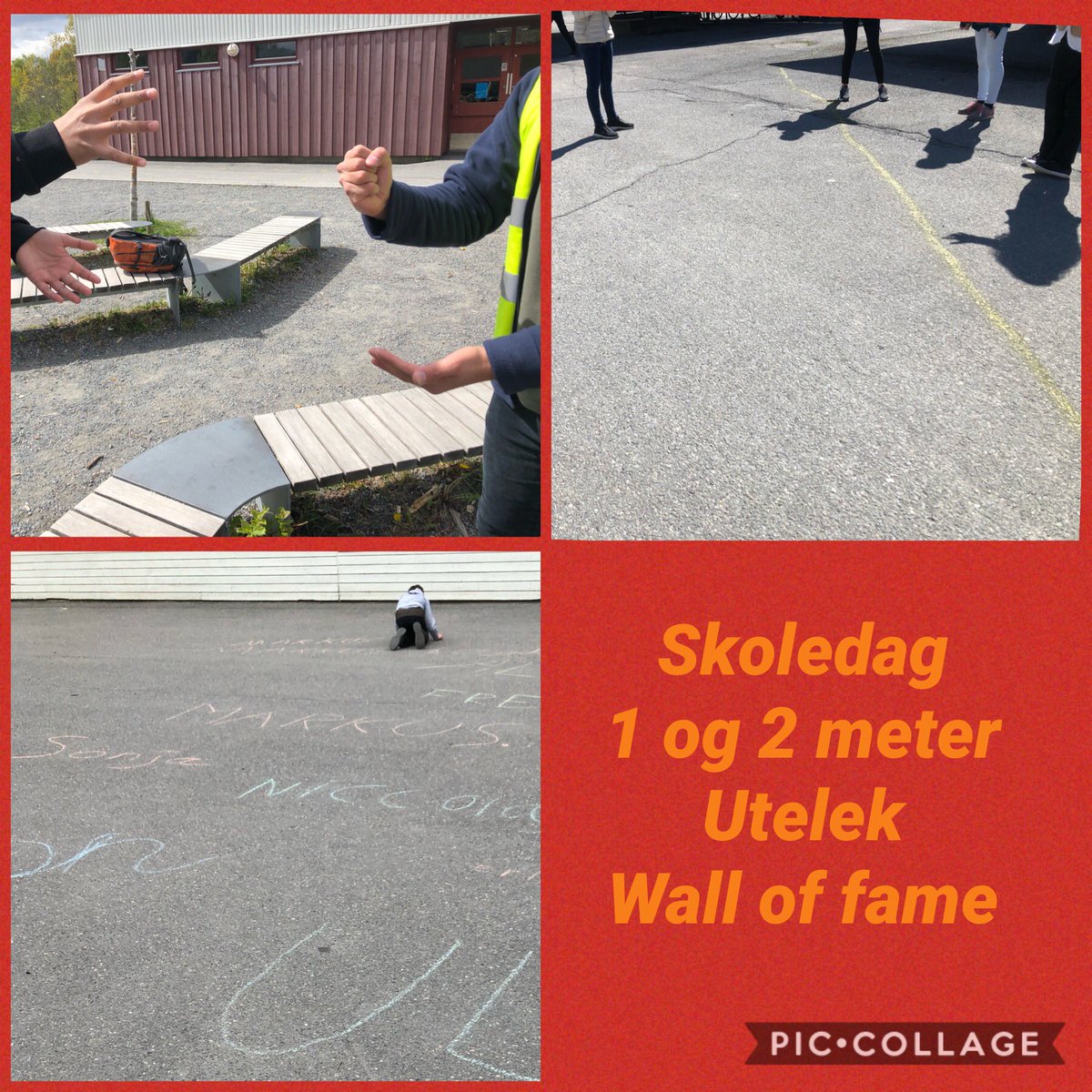 Skoledag . 2 meter fra- 1 meter fra. gule streker i asfalten. Skiller. Sprayboks.Uteleker. Fellesleker. Lærerliv. En slags lærerlykke.