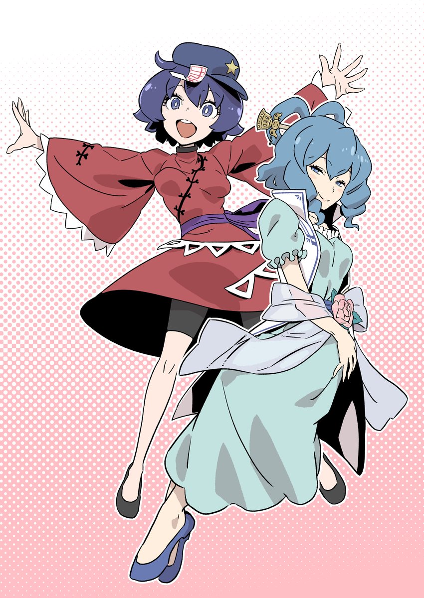 kaku seiga ,miyako yoshika multiple girls 2girls dress hat hat ornament blue hair blue eyes  illustration images