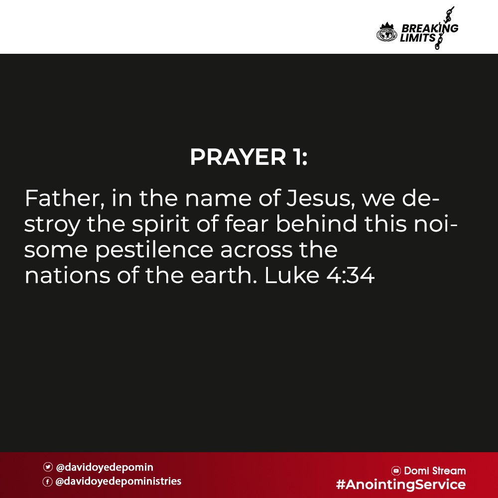 WinnersWLD's tweet image. Prayer 1

Father, in the name of Jesus, we destroy the spirit of fear behind this noisome pestilence across the nations of the earth. Luke 4:34

#LFCLiveService
#SpecialAnointingService
#Breakinglimits