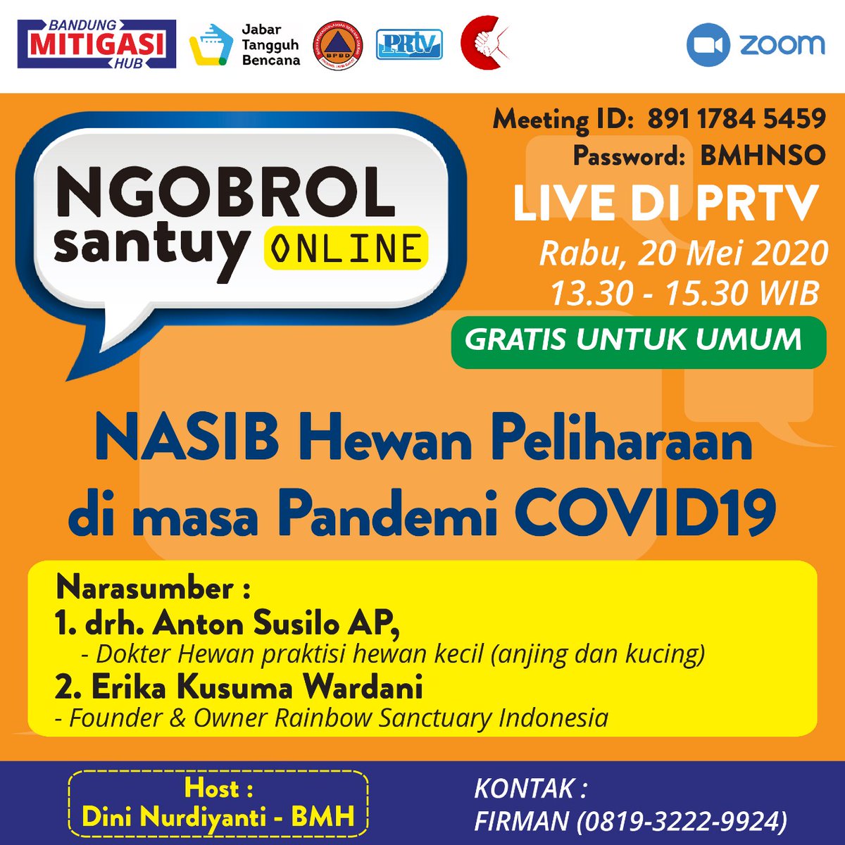 ActionBmh's tweet photo. Gimana nasib hewan peliharaan kamu di masa pandemi COVID-19 ini? Yuks kita cari tau lebih banyak di Ngobrol Santuy Online (NSO),Rabu, tanggal 20 Mei 2020 mulai pukul 13.30 sampai 15.30 WIB.
#ngobrolsantuyonline #bandungmitigasihub #prtv 
#budayatangguhbencana #covidaritas https://t.co/l8vBrskhtw