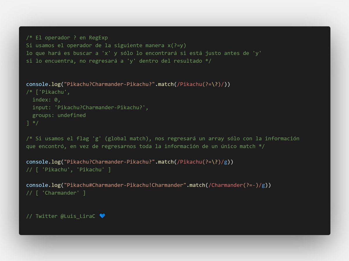 Luis_LiraC's tweet image. Hoy aprendí sobre algo de expresiones regulares. Se los comparto, porque puede servirles en algún momento ^^
#AprendeCompartiendo #Javasscript #RegExp #Pokemon