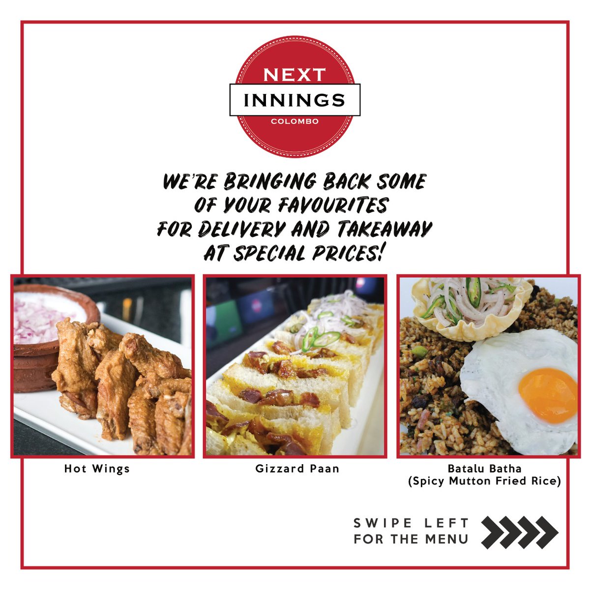 nextinnings's tweet photo. We’re back with an exclusive delivery/takeaway only menu of your Next Innings favourites! Place your order on 0770024823 or find us on @EatMeGlobal1. 

#NextInnings #OldDutchHospitalCMB  #SriLanka #LockdownDelivery https://t.co/NMj5LPQsK5