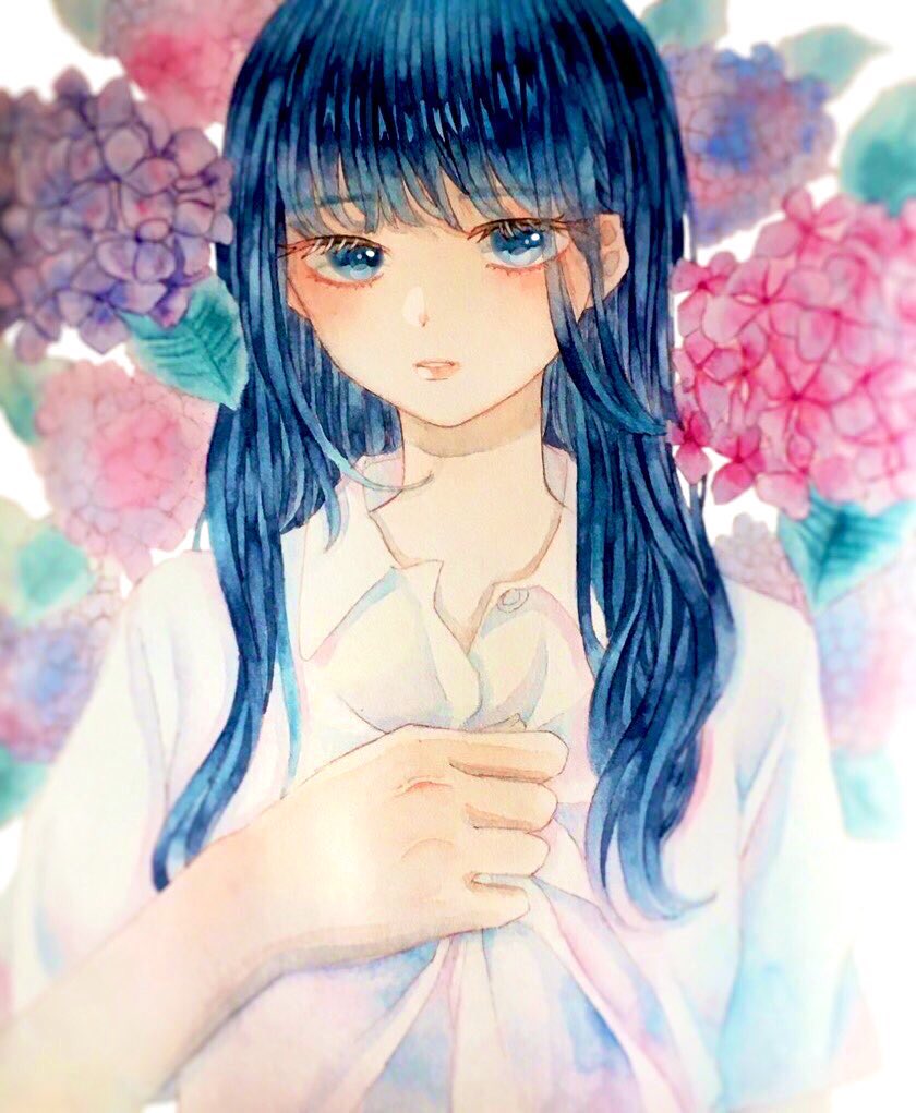 1girl solo shirt long hair blue eyes flower blue hair  illustration images