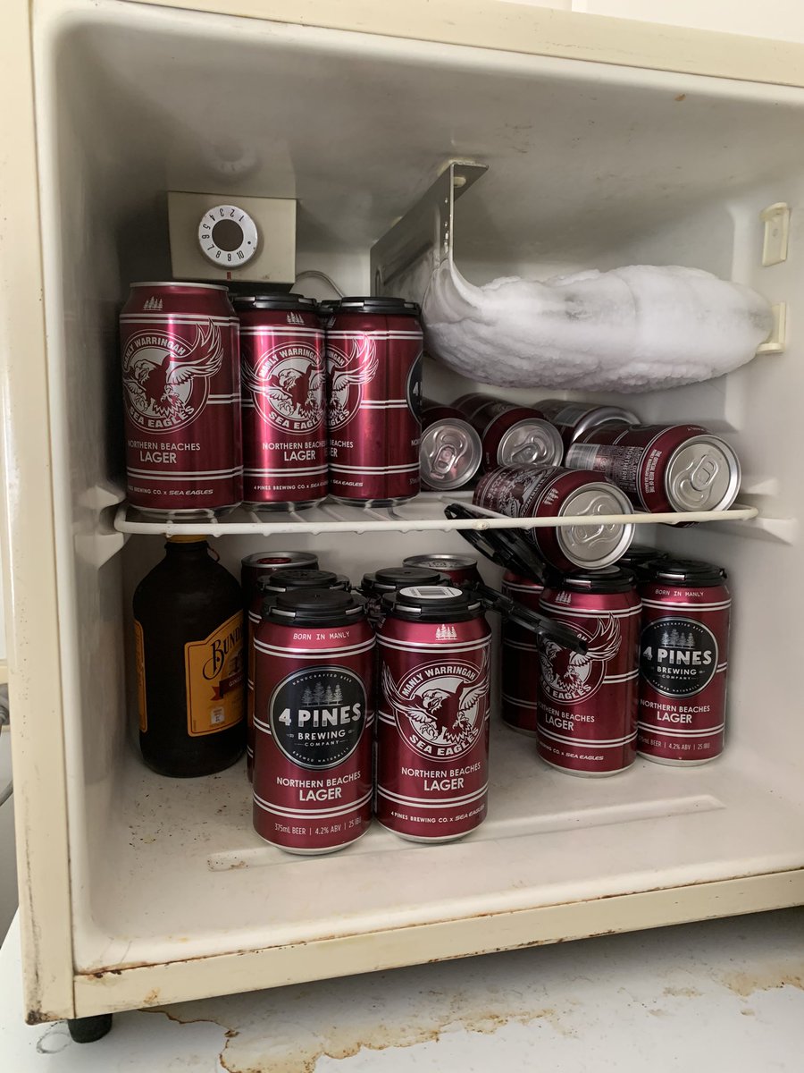 glassockclassic's tweet photo. The mini bar fridge has been restocked, the goal now is to still have some left by the time May 28 rolls around. 🙄 #NRL #silvertails #4pines #SeaEagles https://t.co/C6ESqexP8z
