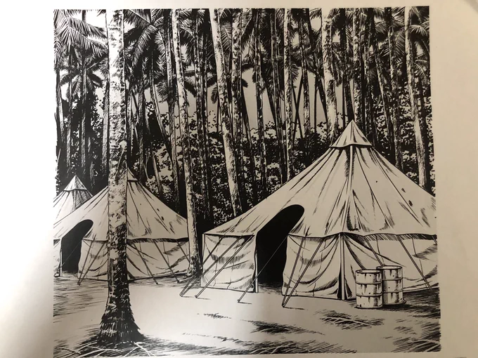 ジャングルの中の米軍キャンプ

先生からリテイク地獄を食らった
色々と思いで深い背景....

#漫画 #漫画背景 #仕事絵 