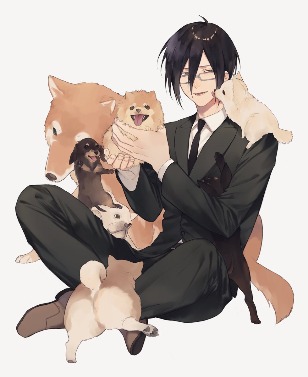 1boy male focus necktie dog animal sitting black hair  illustration images