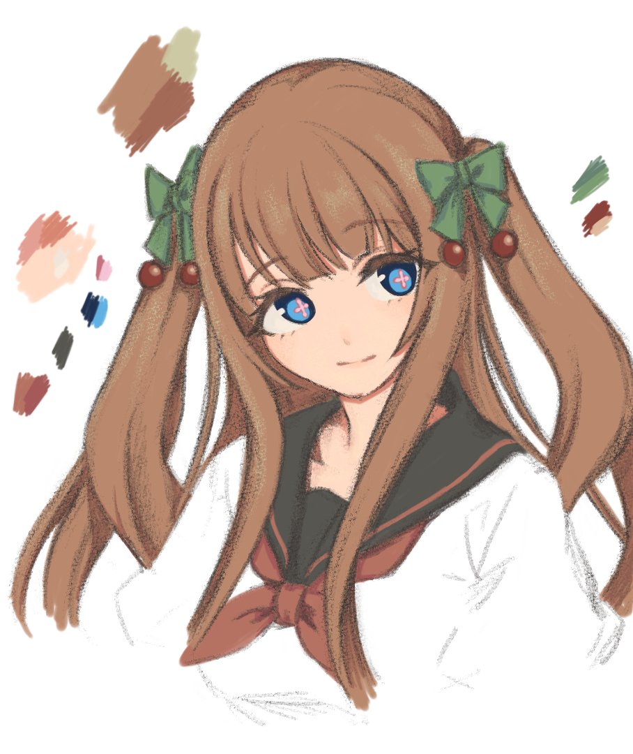 1girl solo brown hair blue eyes green bow bow long hair  illustration images